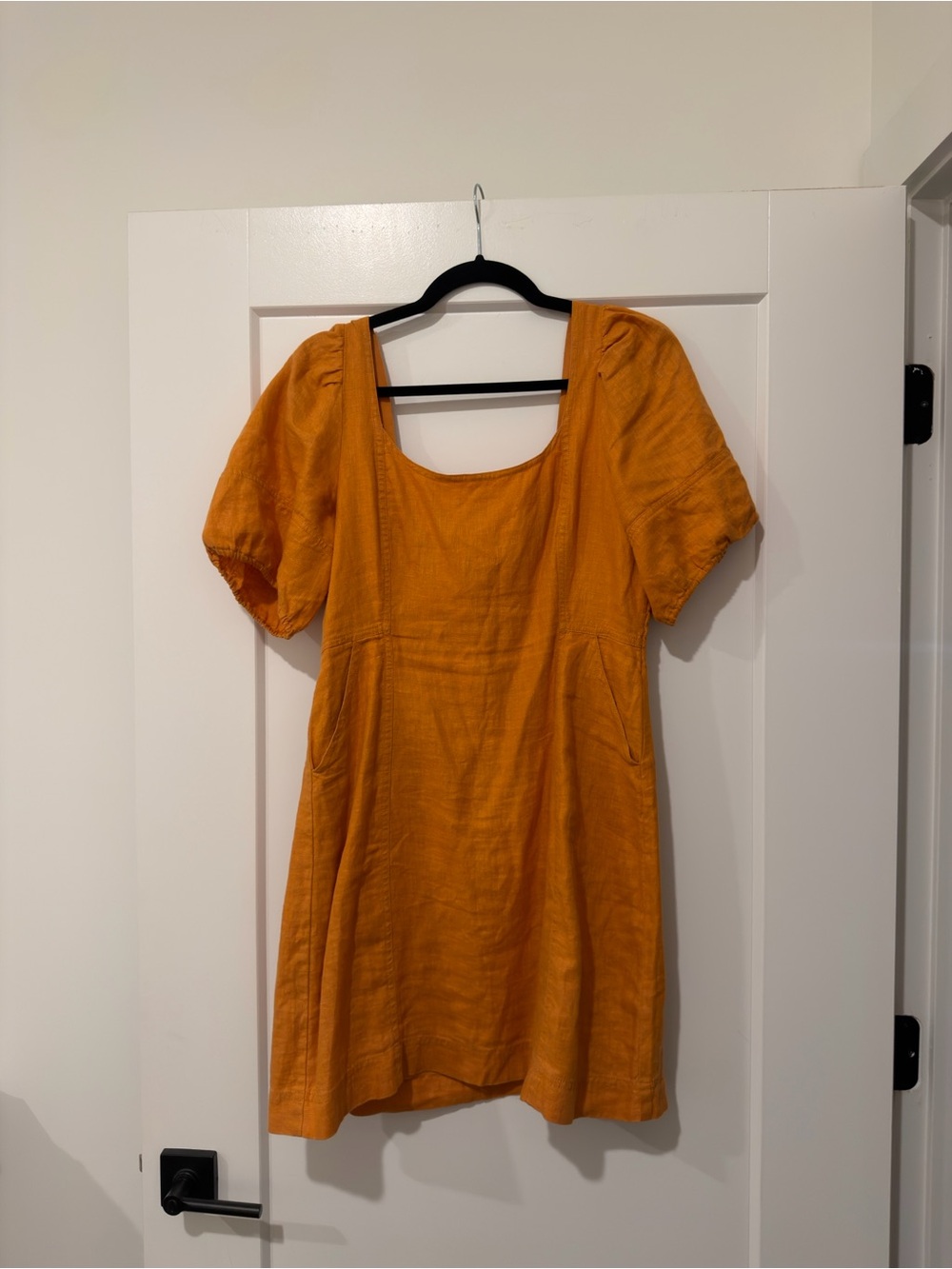 Madewell Short Square-Neck Puff-Sleeve Mini Dress in Mustard
